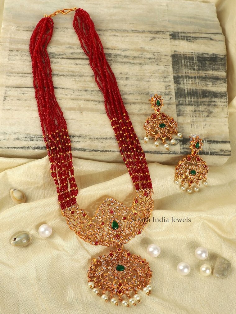 Red Beads AD Long Necklace Set