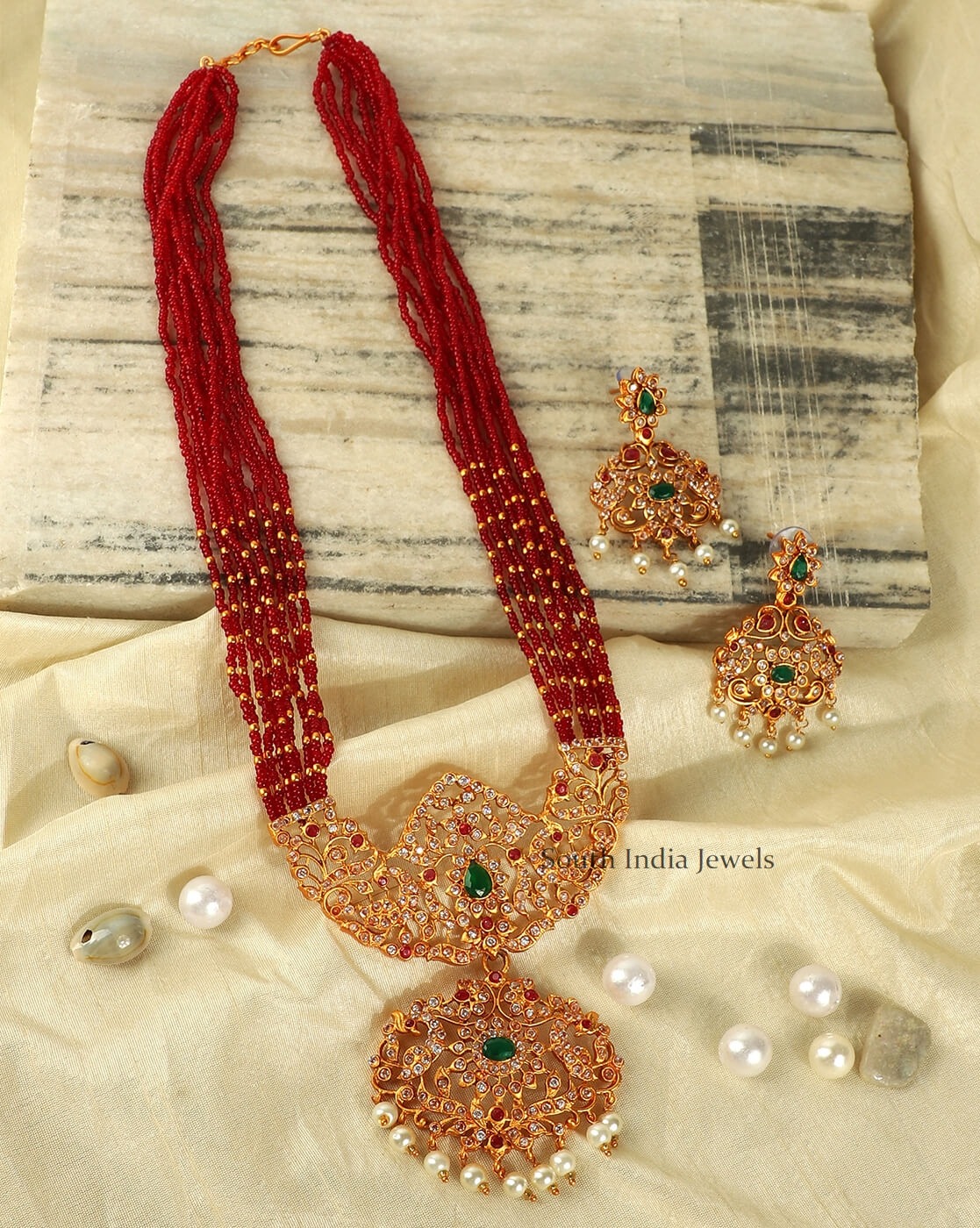 Red Beads AD Long Necklace Set
