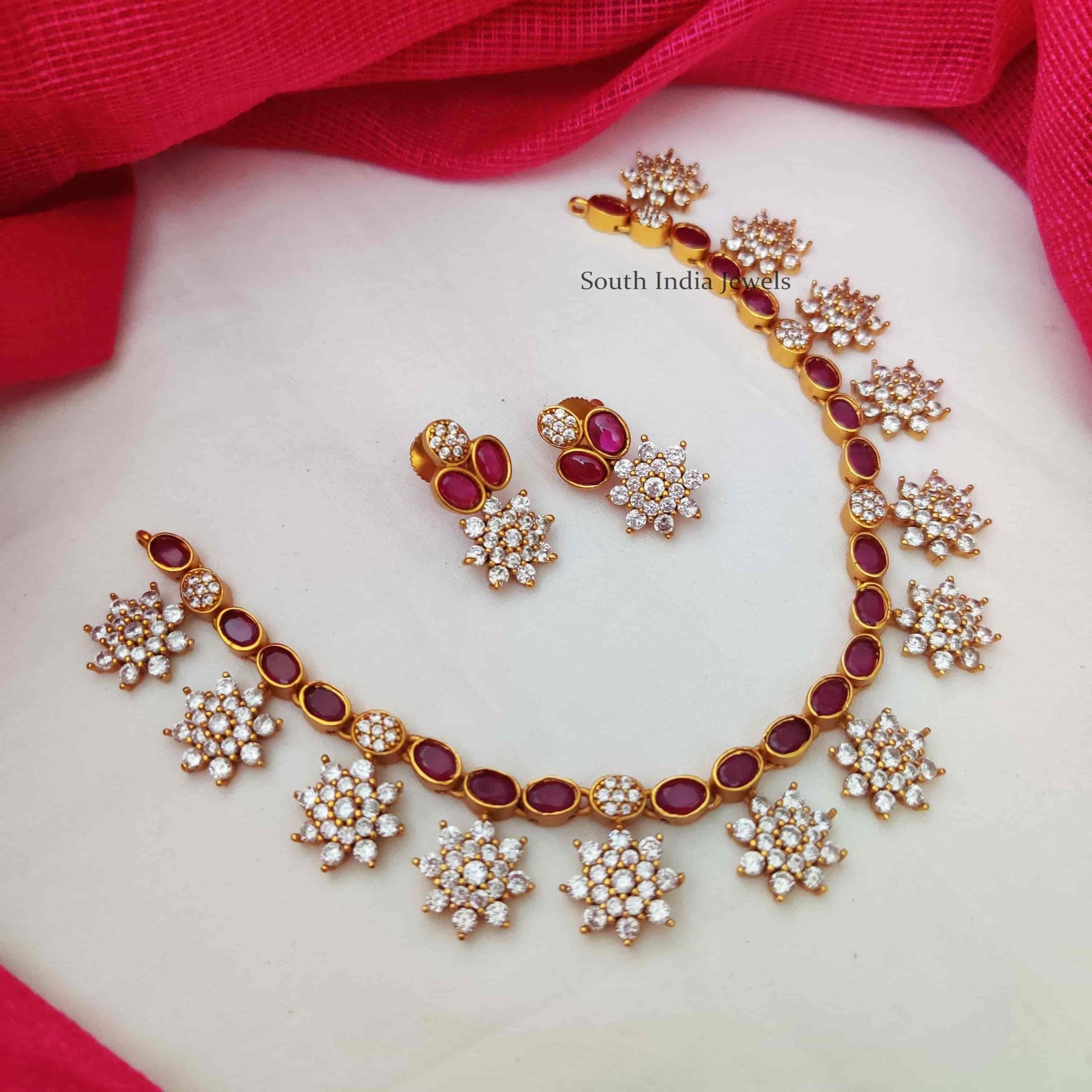 Ruby & AD Stone Floral Necklace - South India Jewels