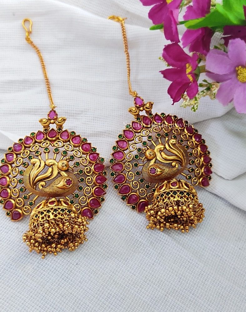 Attractive Ruby Green Peacock Jhumkas