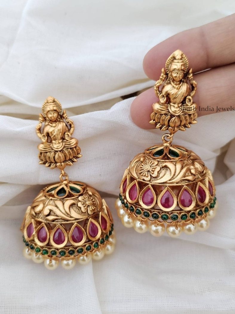 Traditional Kemp Stones Lakshmi Jhumkas with Pearls