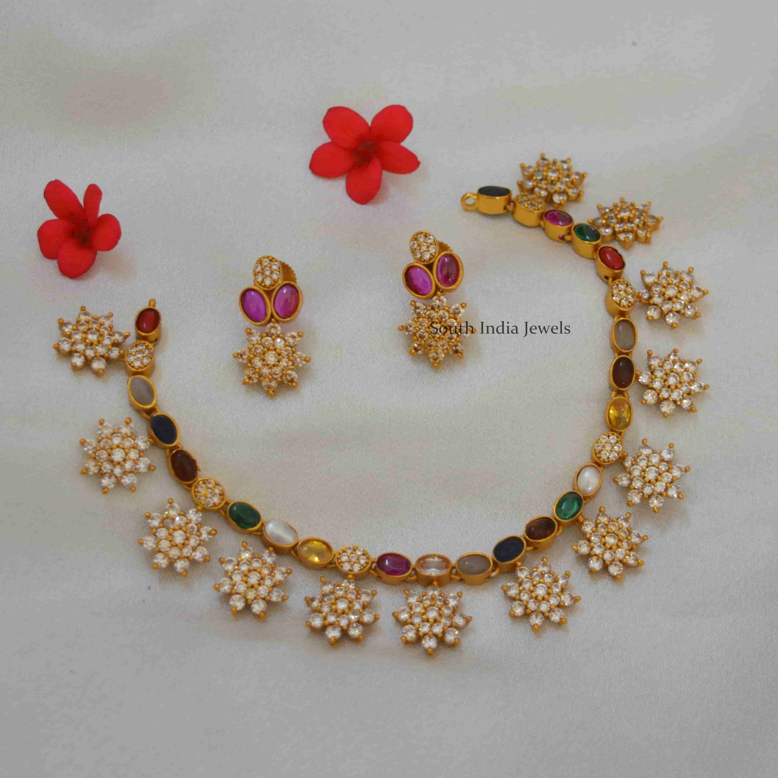 Floral Designer Navratna Stones Necklace