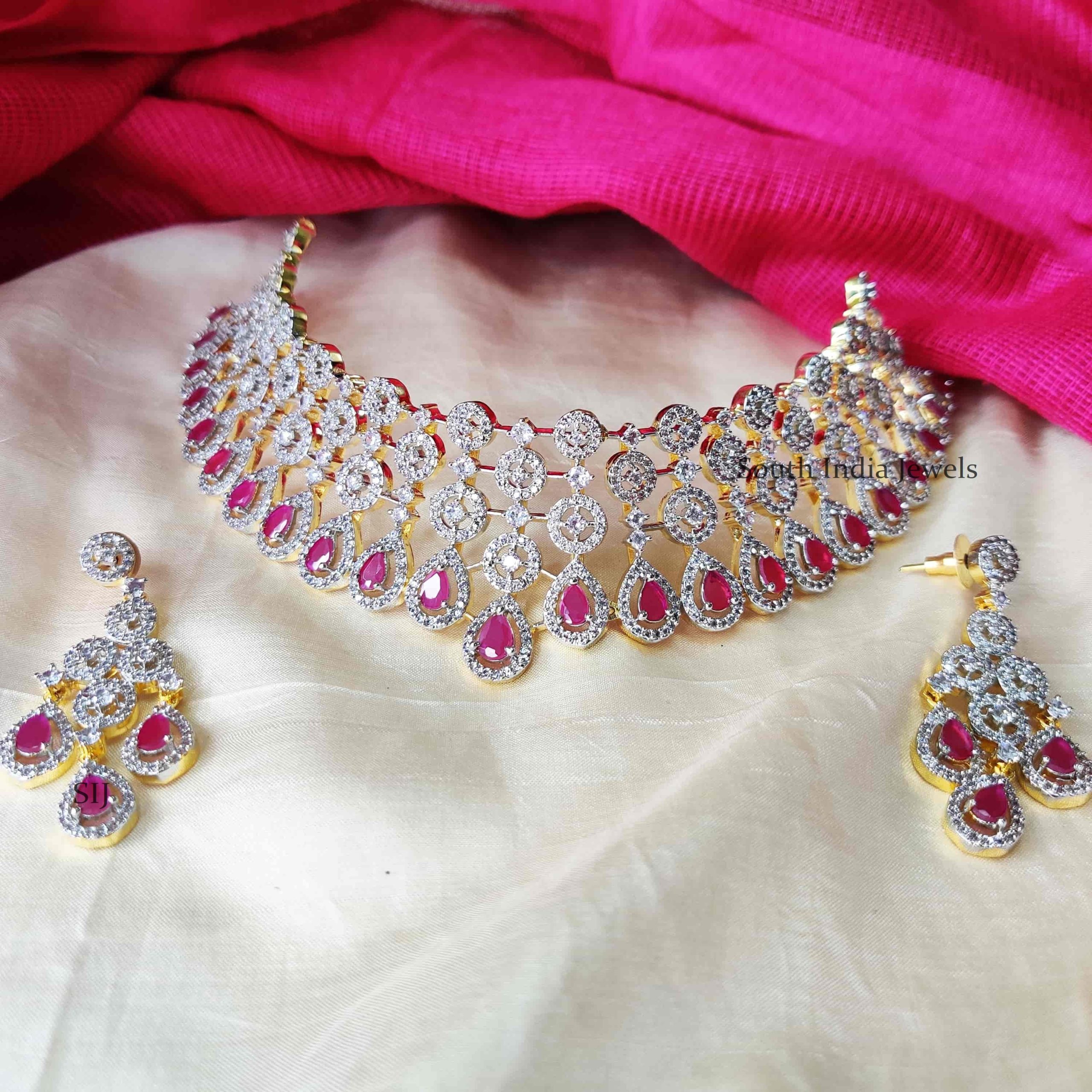 Gold Diamond Necklace with Pink Stones - South India Jewels