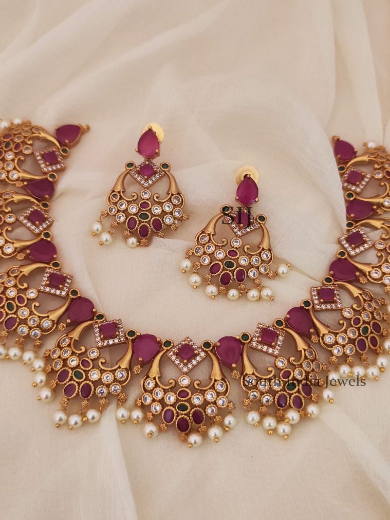 Gorgeous Ruby CZ Stones Pearls Necklace (2)