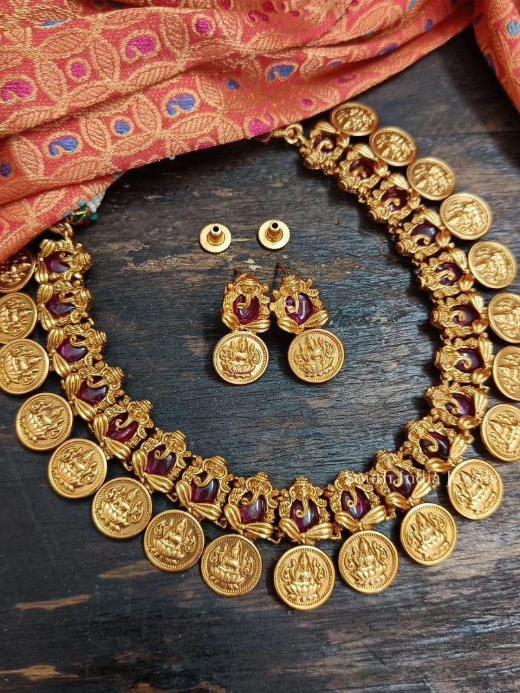 Pink Stones Lakshmi Coin Necklace (2)