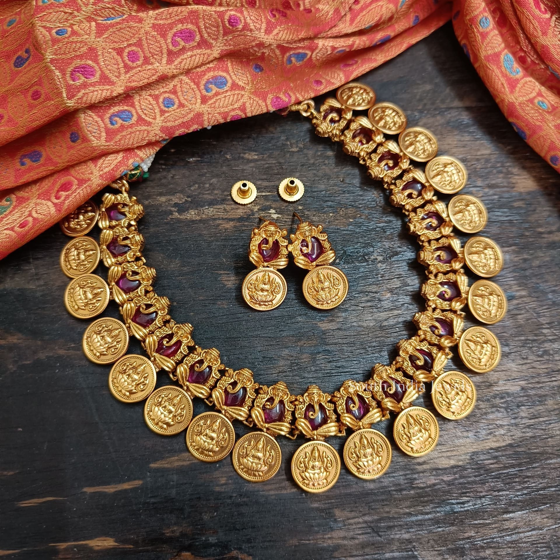 Pink Stones Lakshmi Coin Necklace (2)