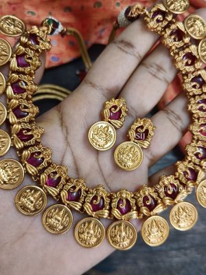 Pink Stones Lakshmi Coin Necklace (2)