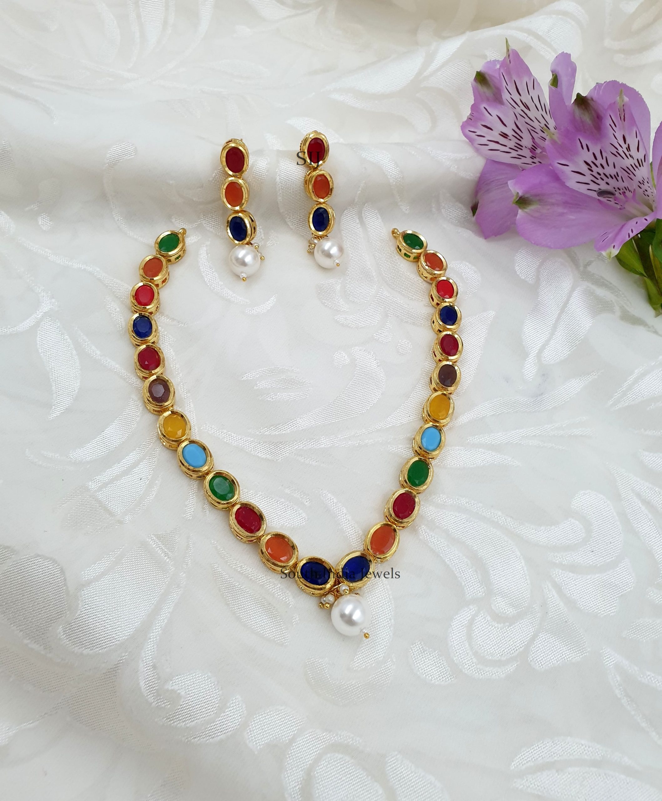 Sleek Designer Navarathna Stones Necklace