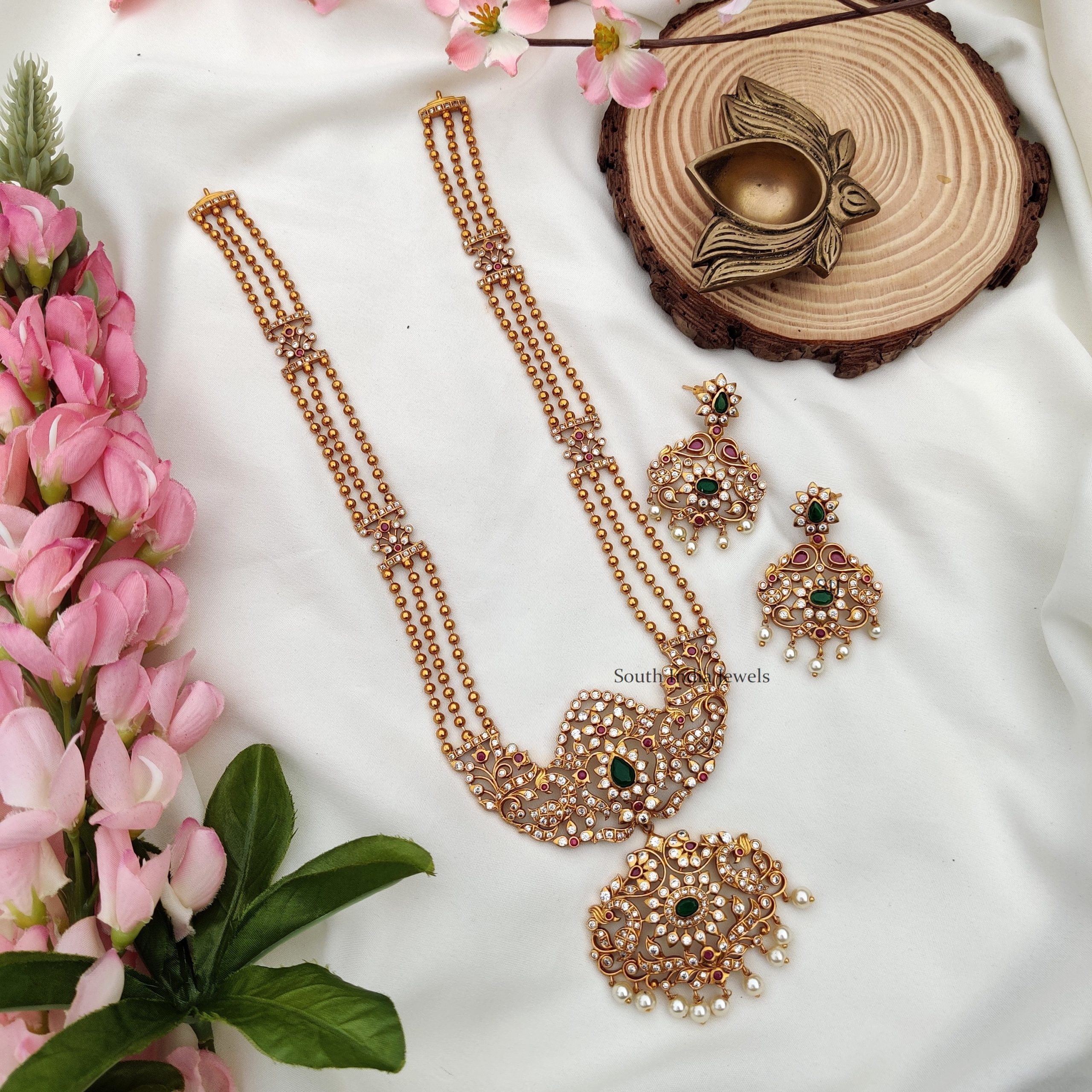 Beautiful Dual Peacock Golden Beads Necklace