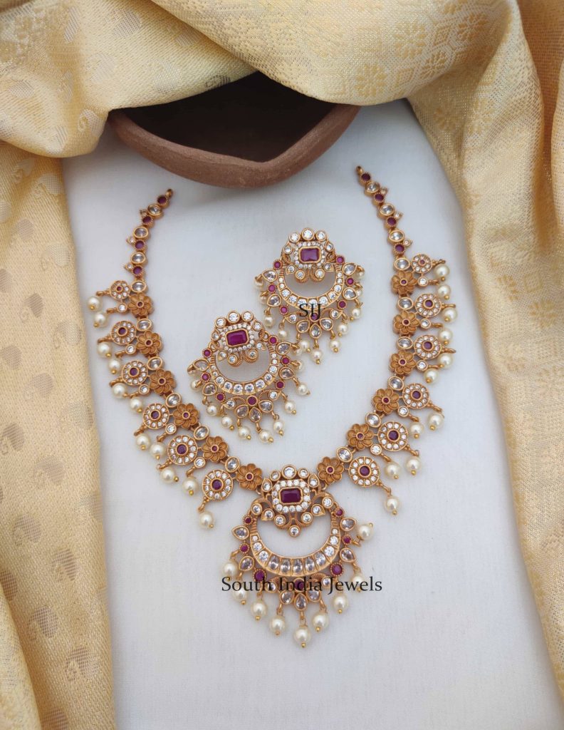 Floral Ad Stones Necklace - South India Jewels