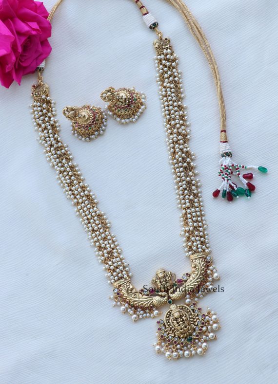 Gold Finish Lakshmi Pearl Haram (Muthyala Haram) - South India Jewels