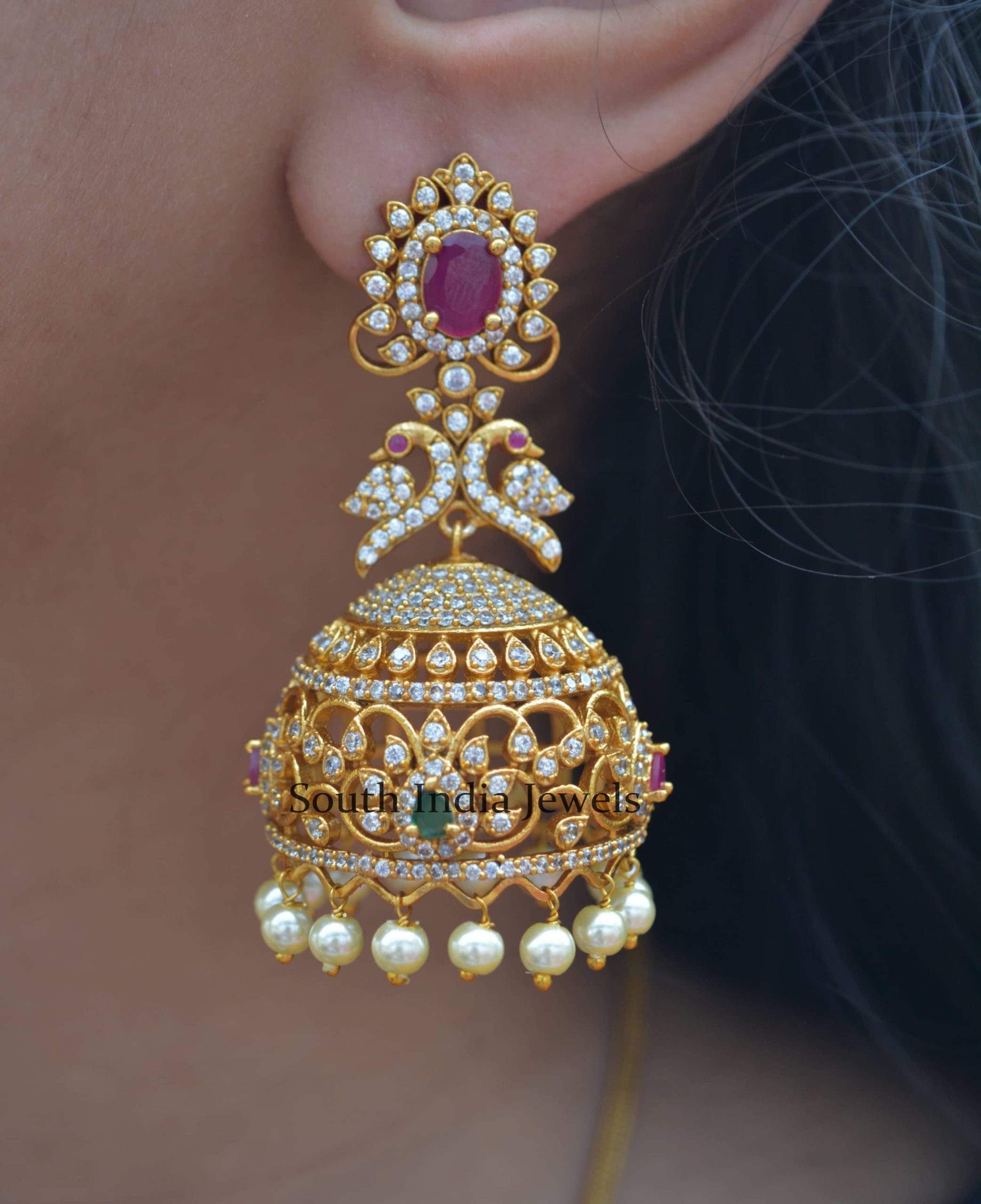 Peacock AD Stones Jhumkas - South India Jewels