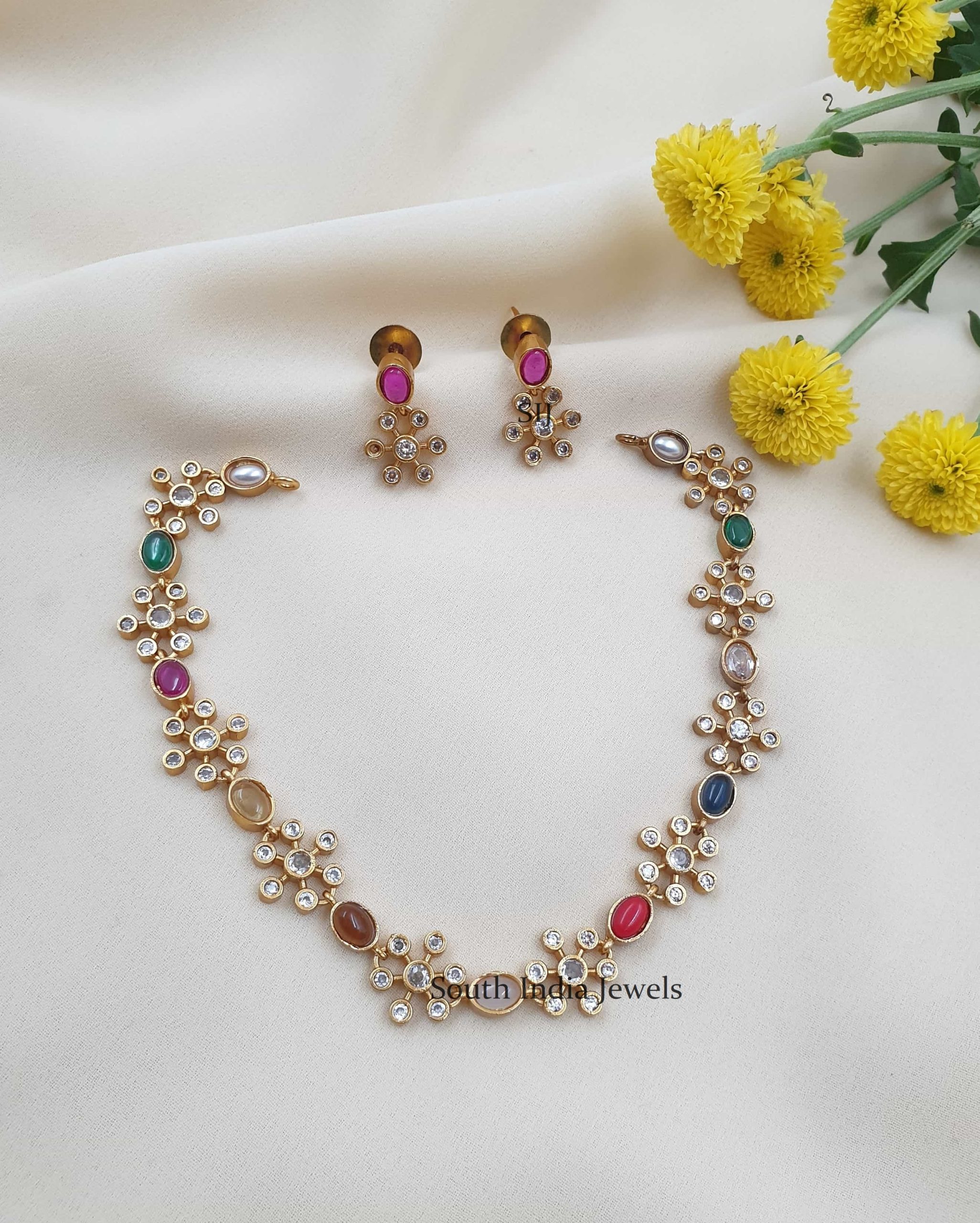 Sleek Floral Design Navarathan Necklace