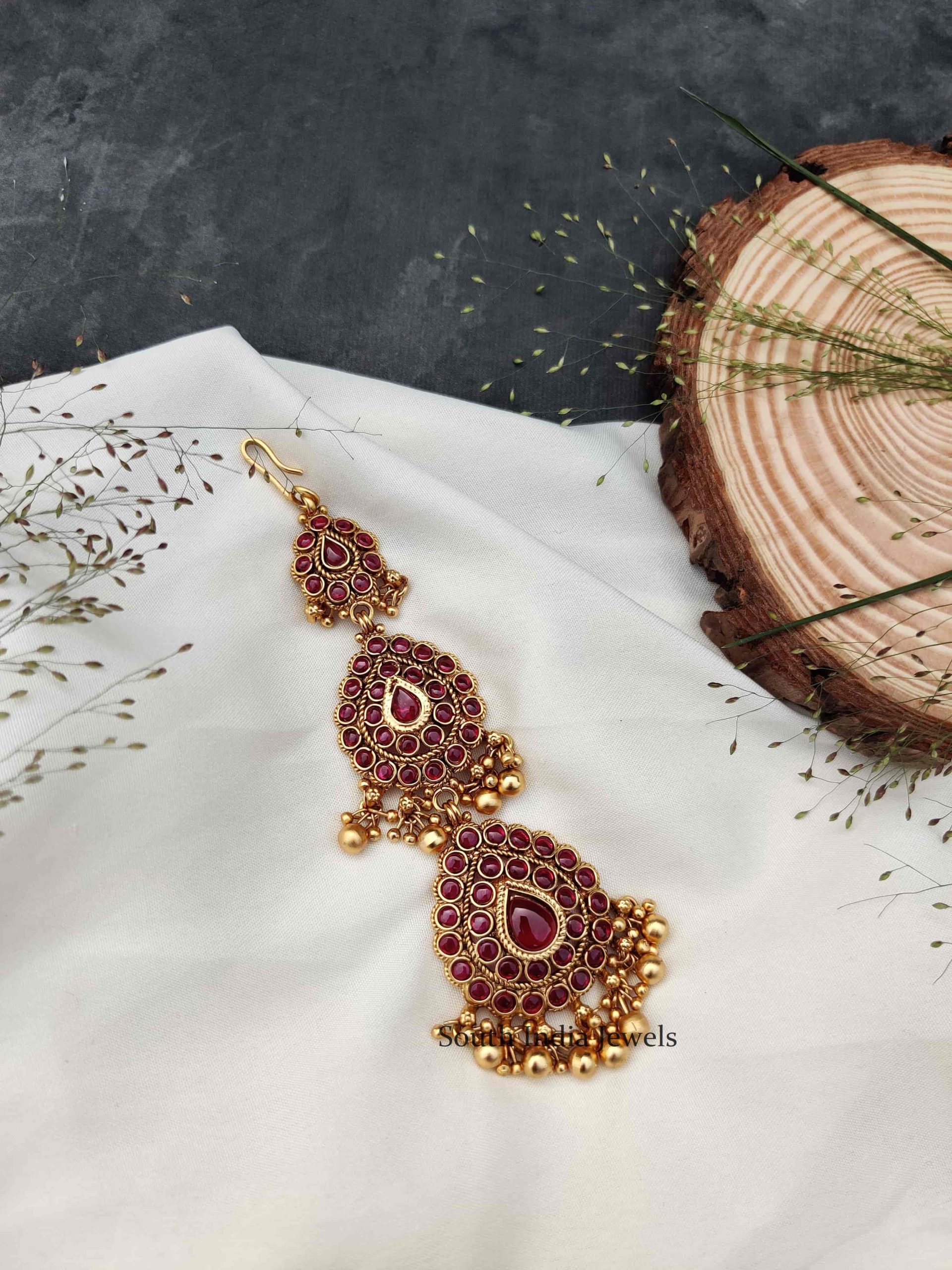 Elegant Kemp Stone Maang Tikka - South India Jewels