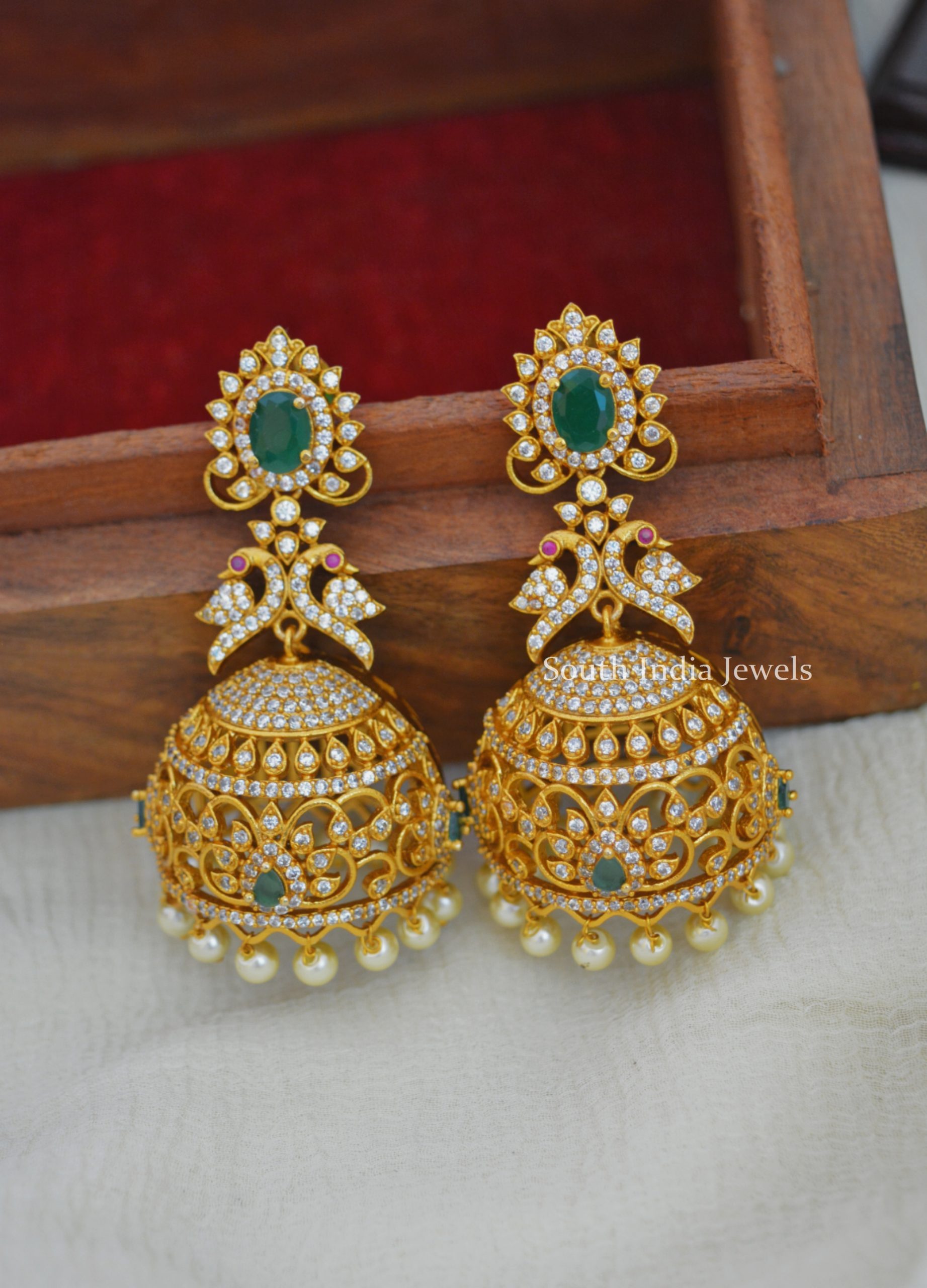 AD Bridal Peacock Stone Jhumkas - South India Jewels