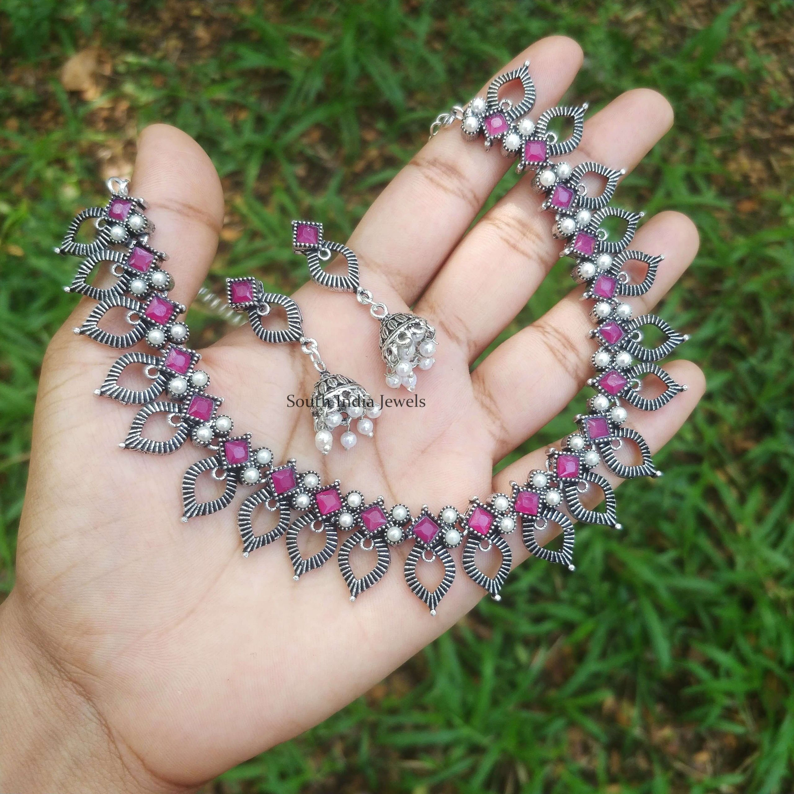 Pink Stone German Silver Necklace