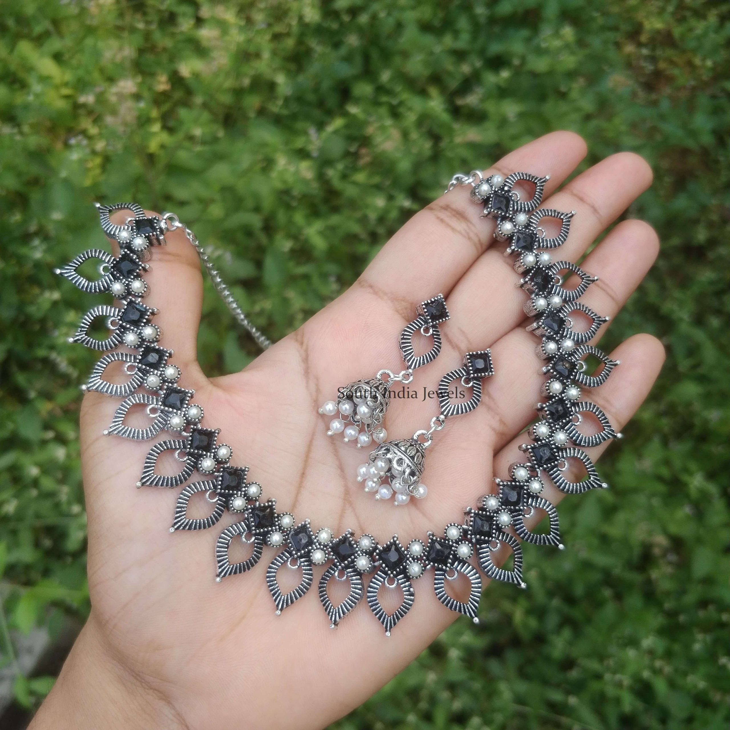 Simple Black Stone German Silver Necklace