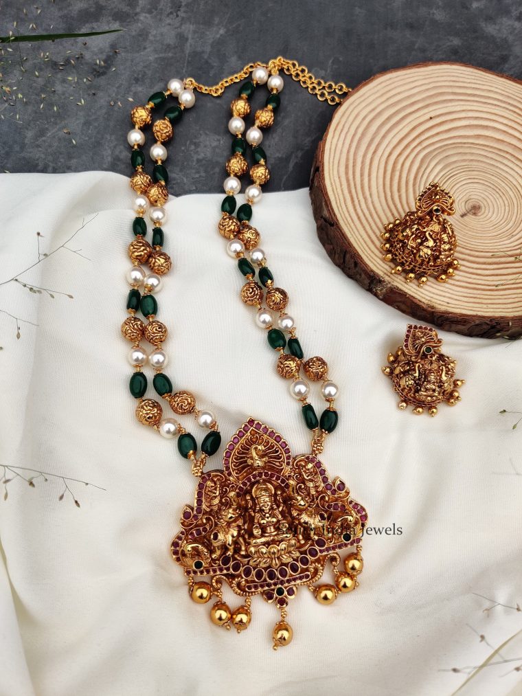 Traditional Green Beads Lakshmi Long Haram (4)