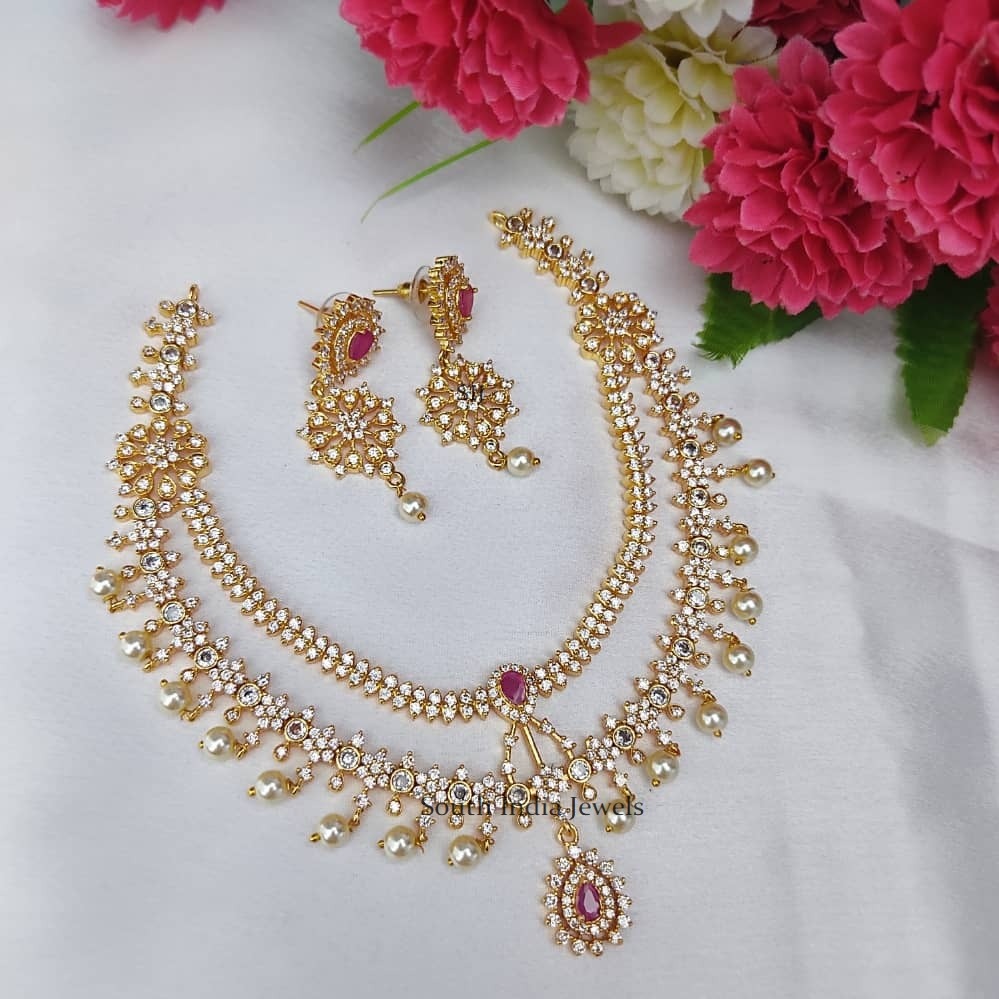 Emboss Mesh Double Leaf Long Gold Necklace and Short Jeweller Set for  Weddings NL25921