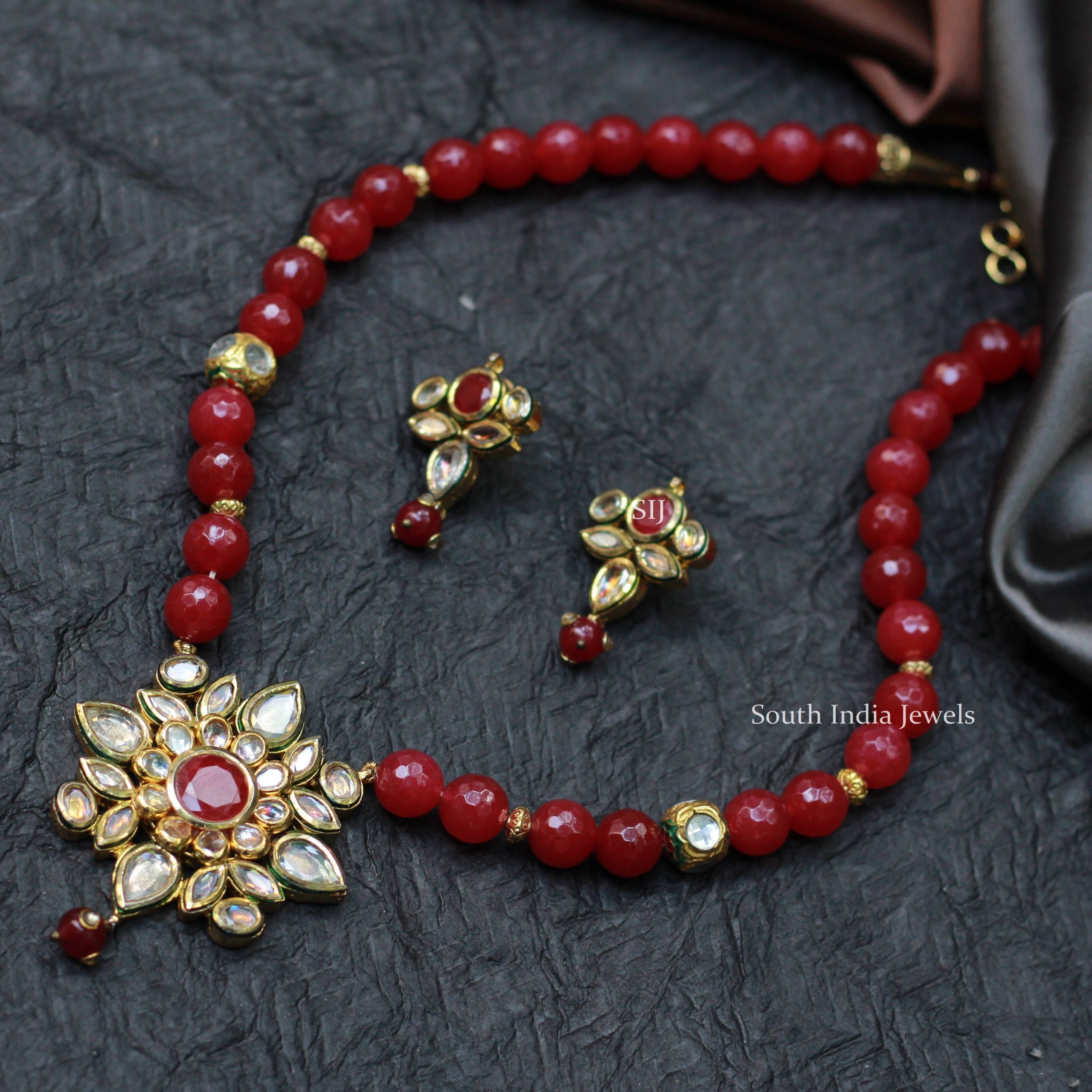 Maroon Beaded Kundan Necklace