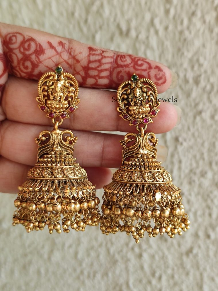 Rich Gold Beads Lakshmi Jhumkas
