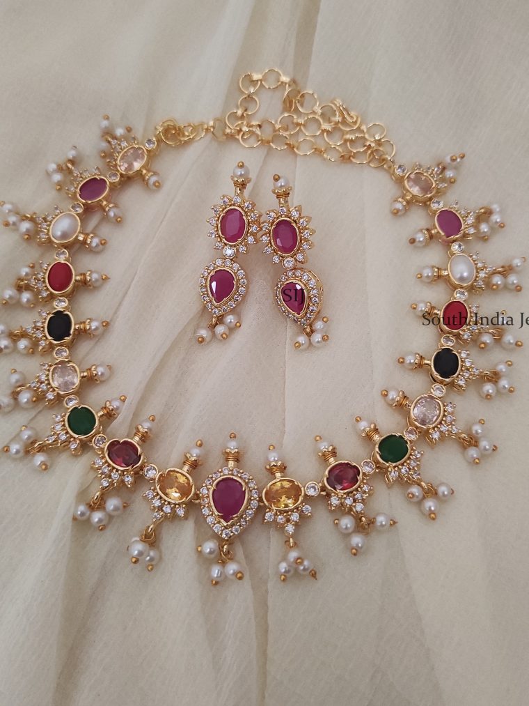 Stunning Gold Polish Navaratna Necklace