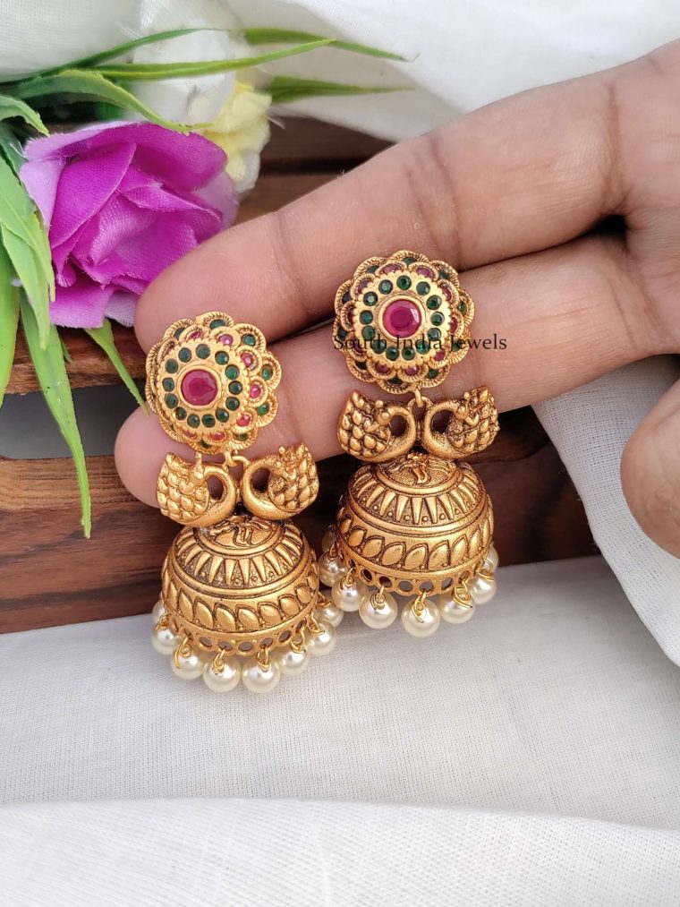 Round Flower Earrings with Dual Peacock Jhumkas