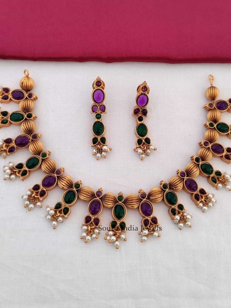 Purple Green Stones Guttapusalu Necklace