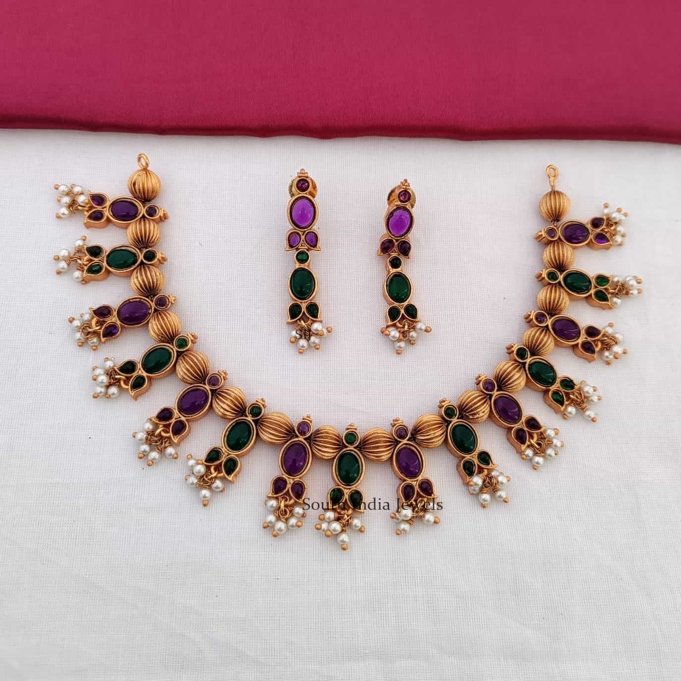 Purple Green Stones Guttapusalu Necklace