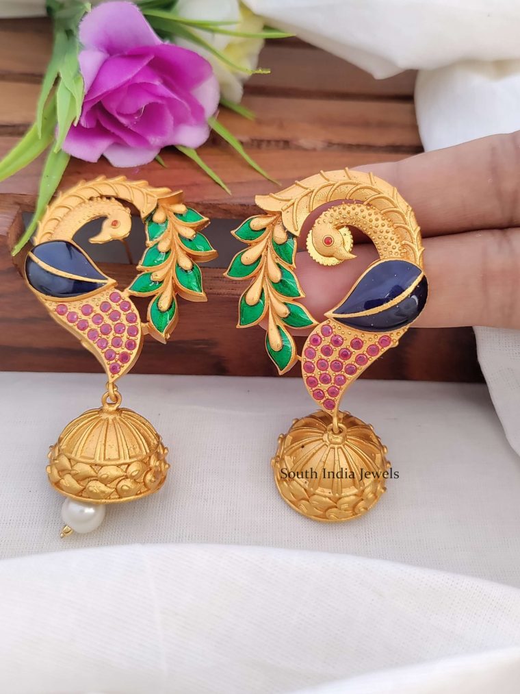 Matte Finish Peacock Designer Jhumkas