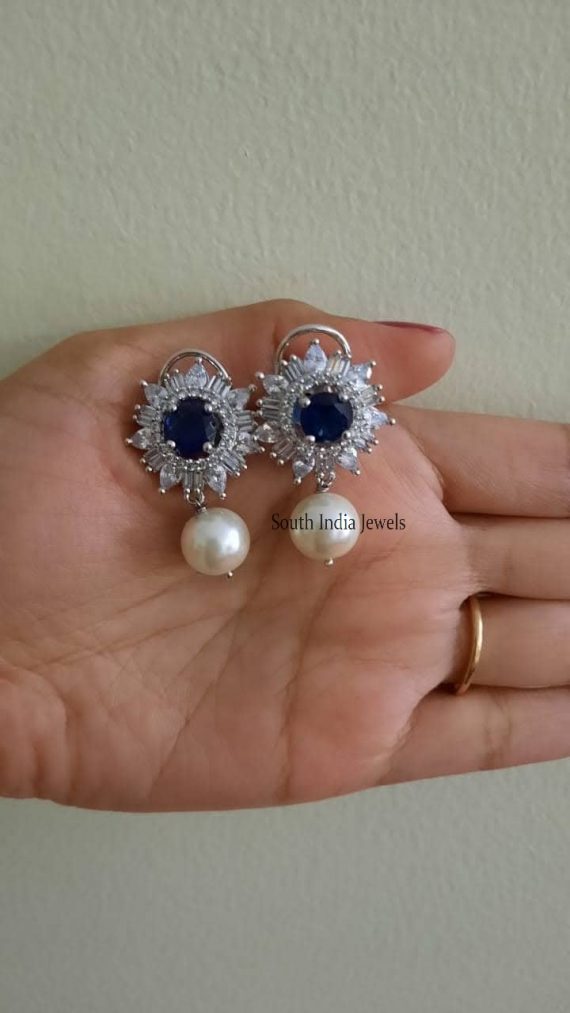 Attractive Blue Stones Pearl Drop Earrings