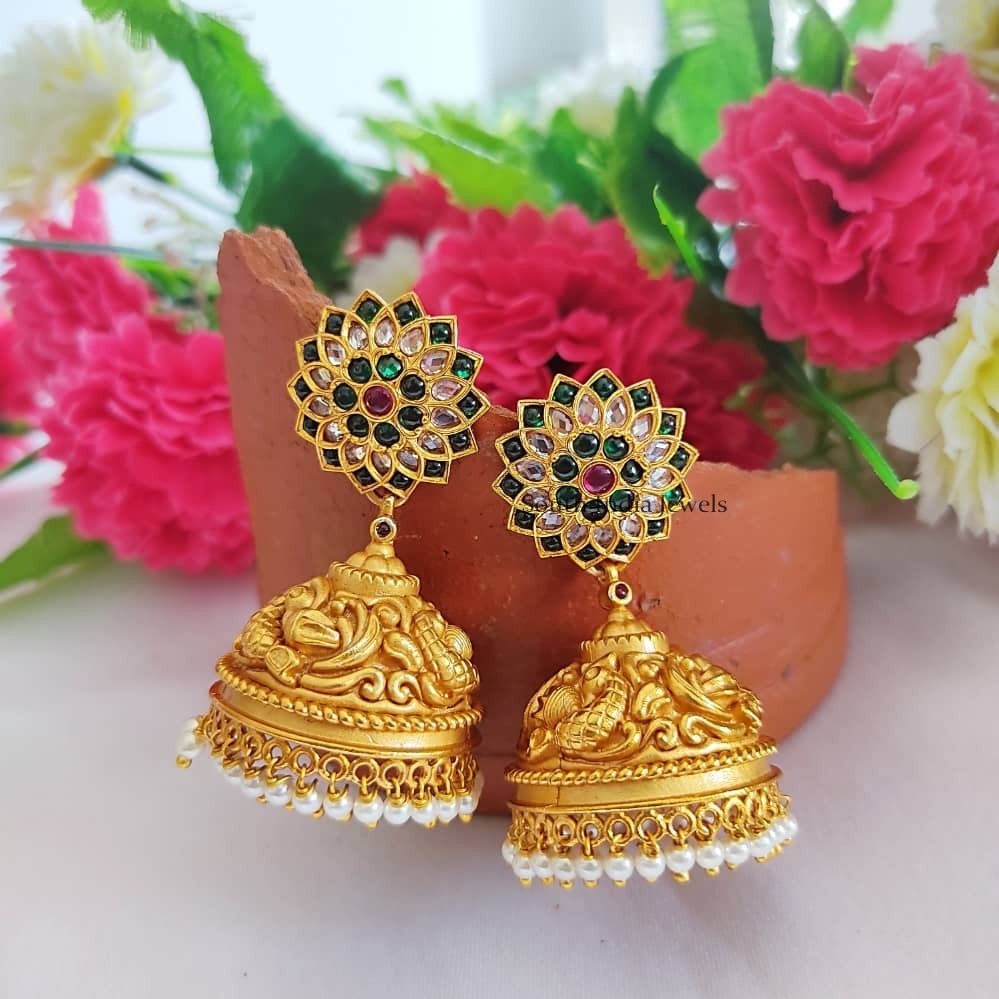 Matte Finish Floral Design Jhumkas - South India Jewels