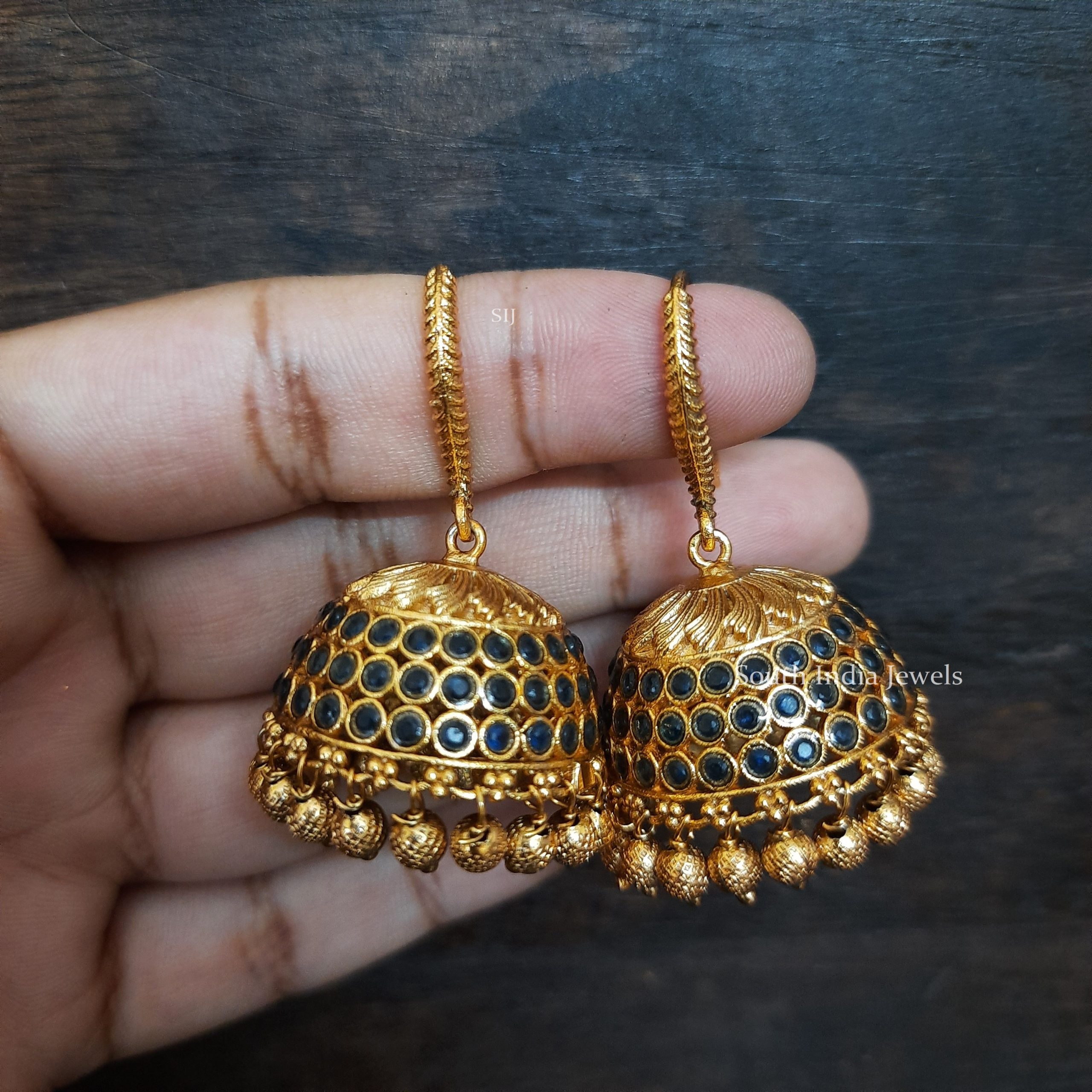 Pyramidal Sheen Gold Hook Jhumka Earrings