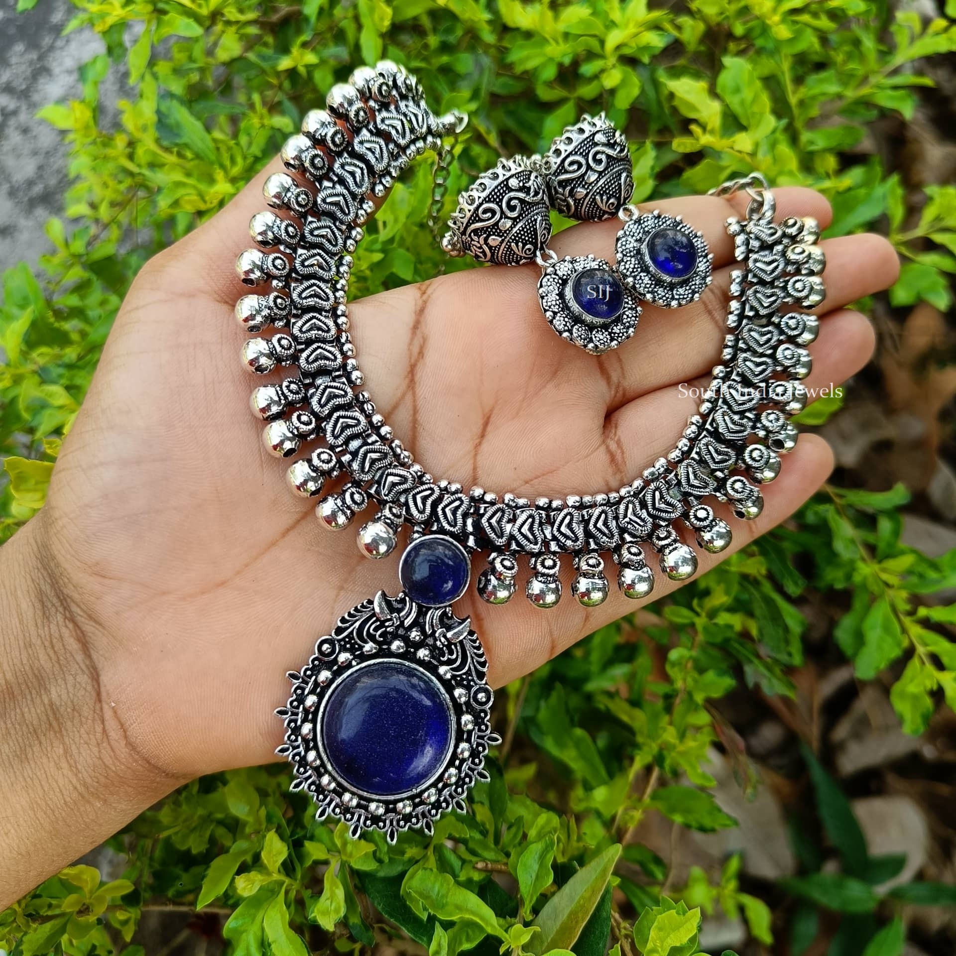 Kolhapuri Blue German Silver Necklace