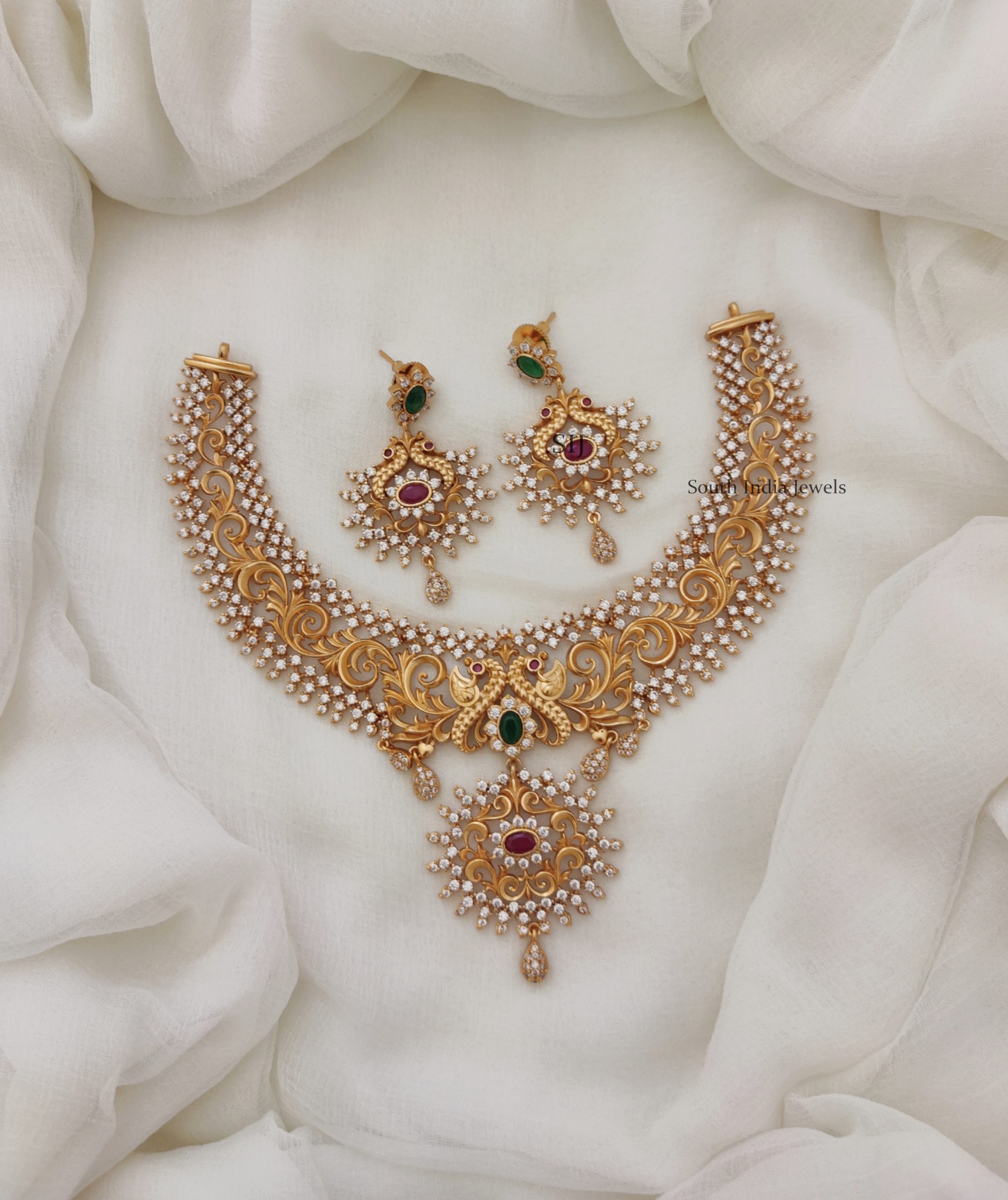 AD Stones Peacock Necklace-South India Jewels Online Stores.
