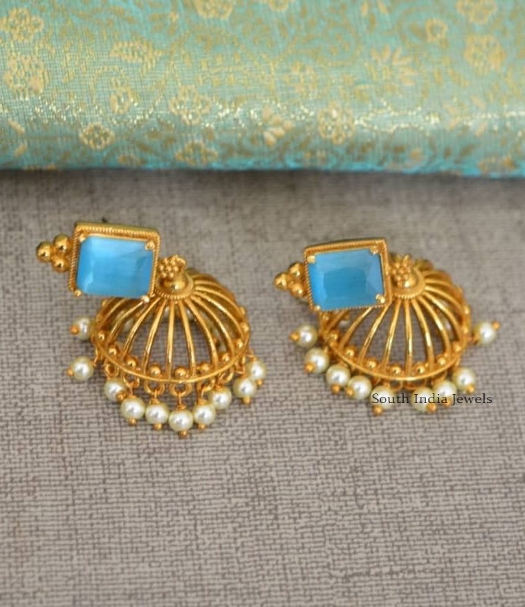 Imitation AD Stone Earrings with Pearl Hanging Jhumkas