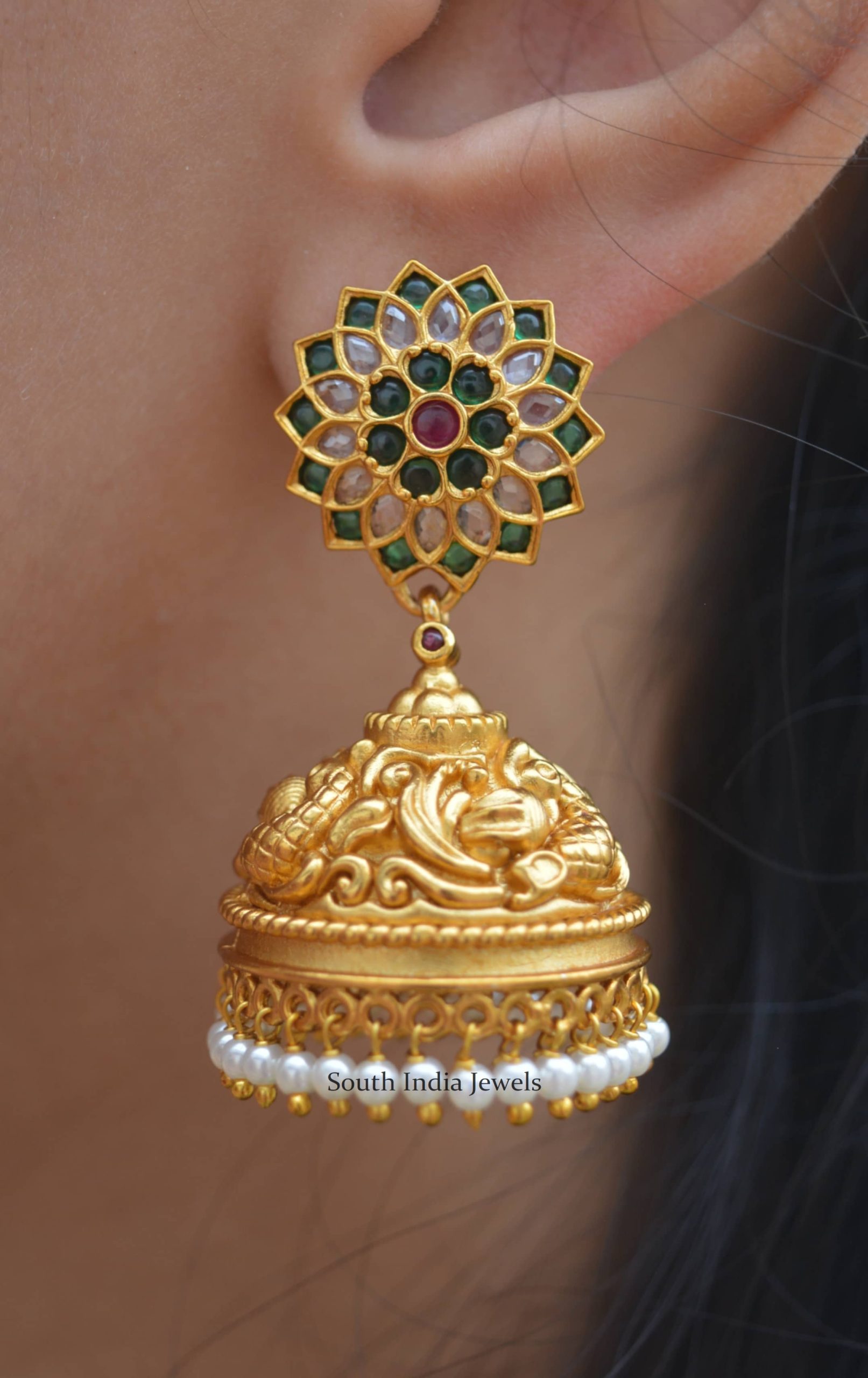 Bridal Green Stones Jhumkas - South India Jewels