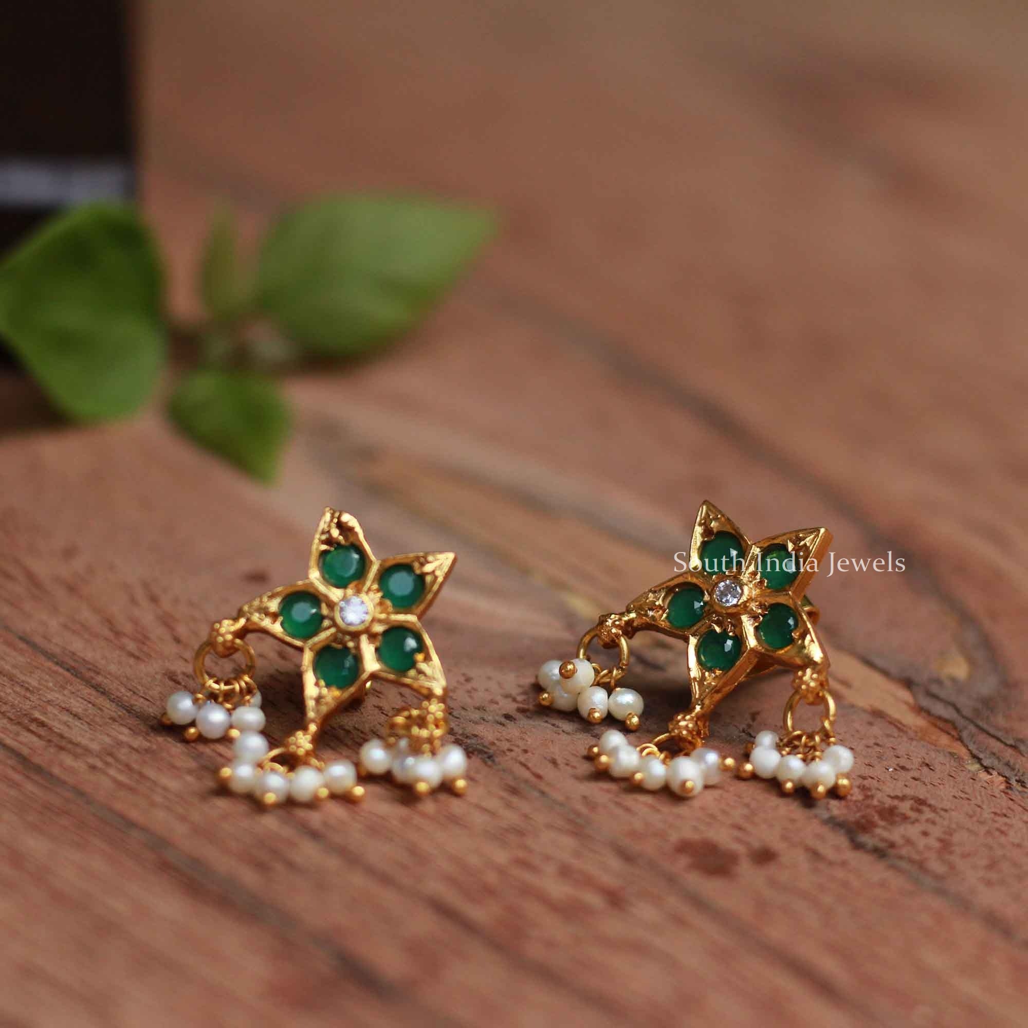 Earring  Green Stone White CZ  Gujjadi Swarna Jewellers
