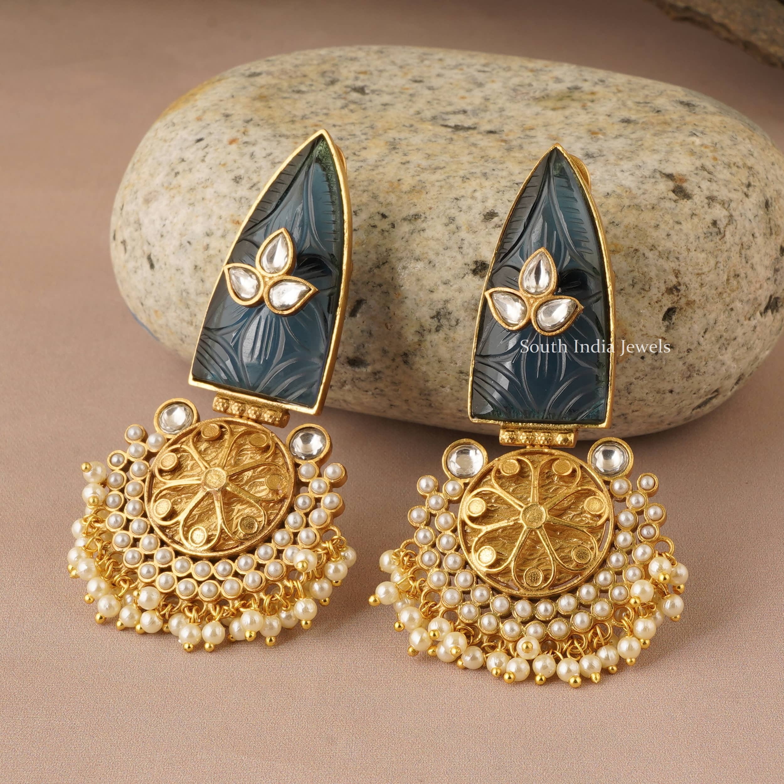 Long Stone Kundan Earrings-South India Jewels Online Stores