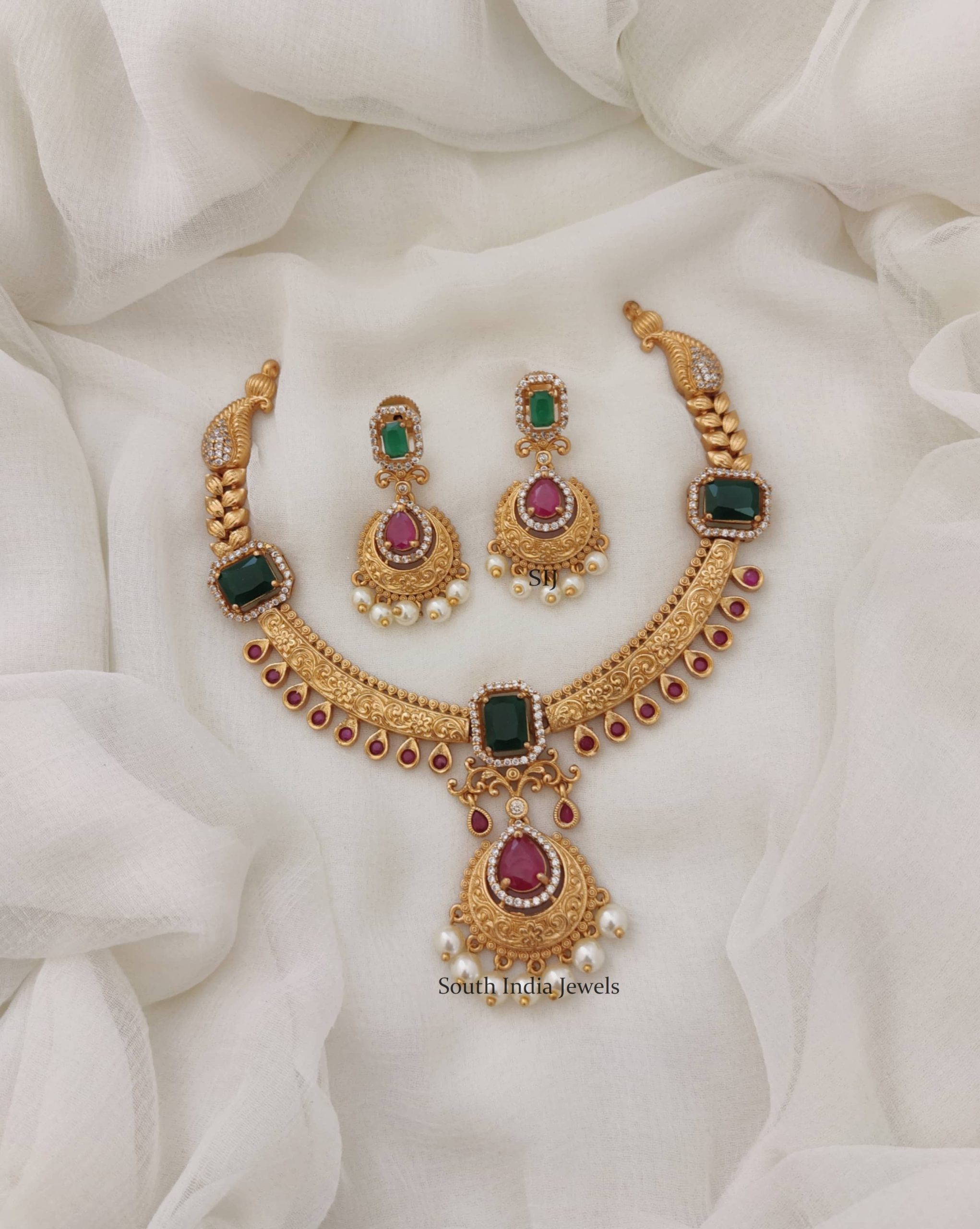 Trendy Ruby & Green Stone Necklace