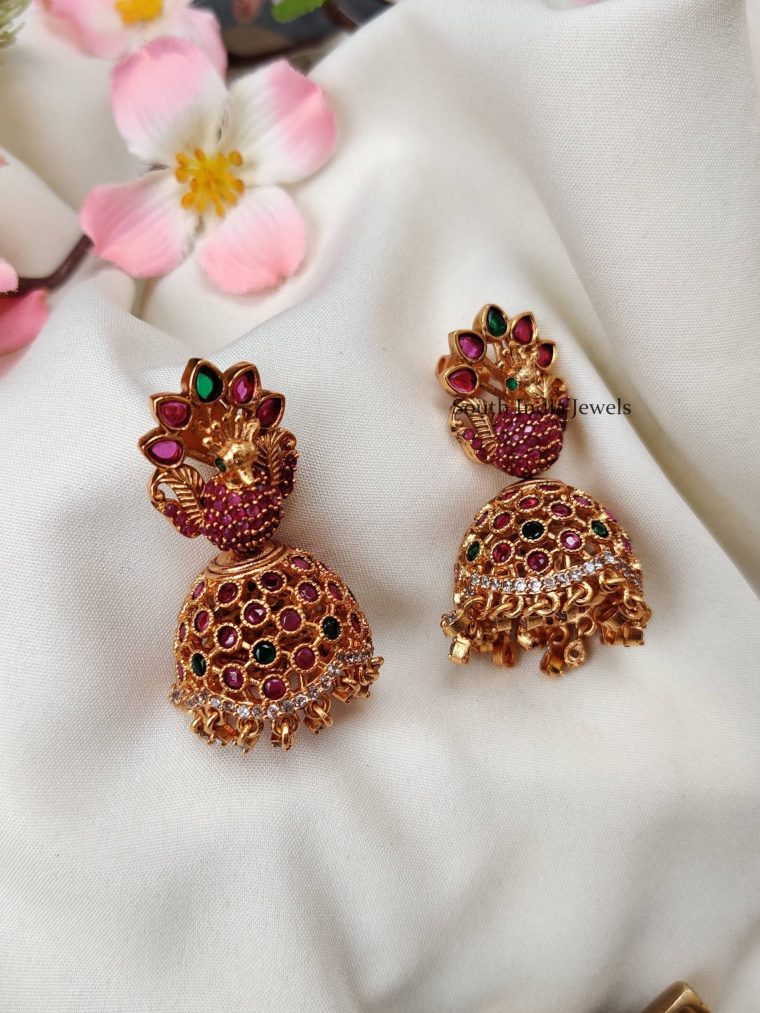 Peacock Design AD Stones Jhumkas