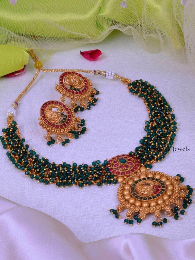 Peacock Design Green Beads Choker Set