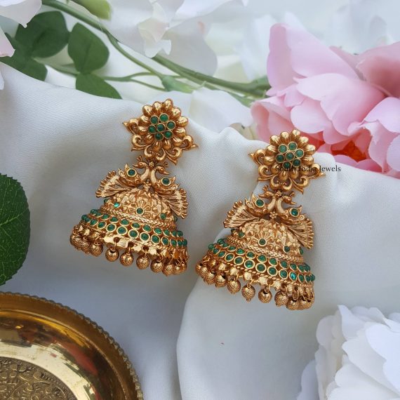 Green Stones Peacock Jhumkas- South India Jewels Online Stores
