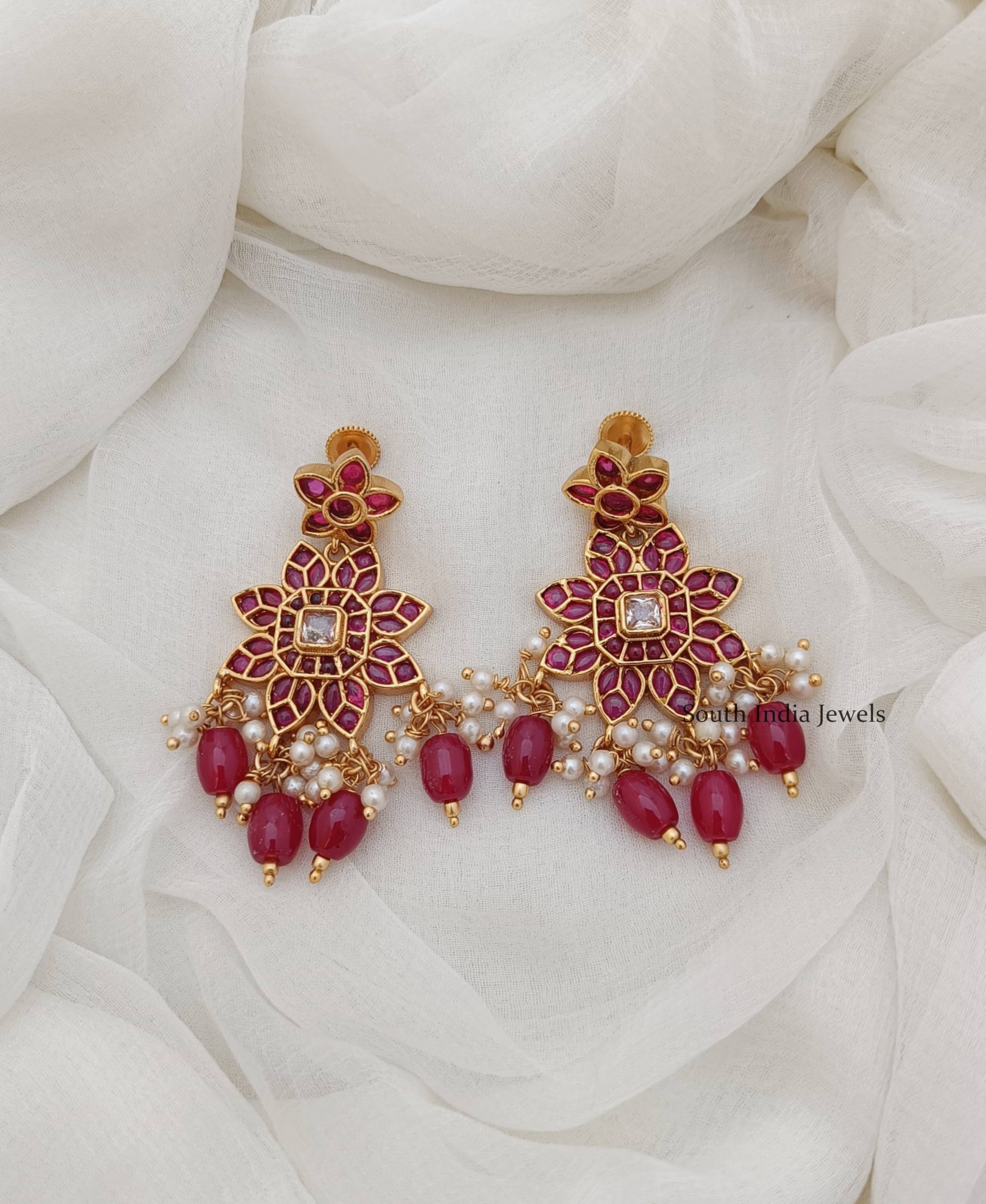 Rose GoldPlated Ruby American Diamond Heavy Drop Earrings Pink White   Priyaasi