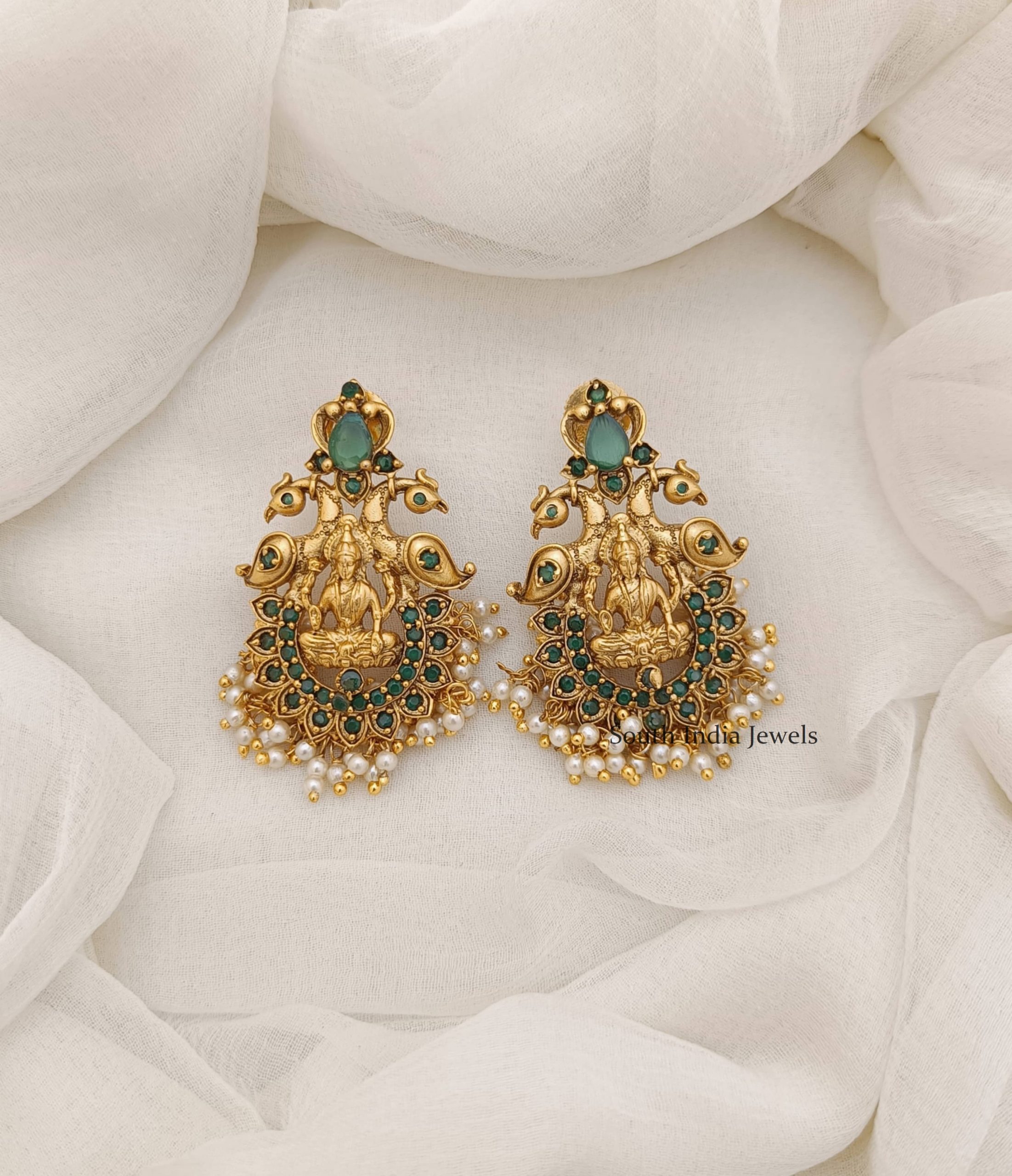 Trendy Lakshmi Green Stones Earrings - South India Jewels