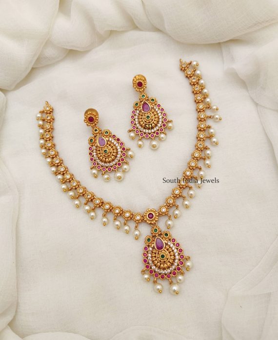 Elegant AD Pearl Design Necklace-South India Jewels Online Store