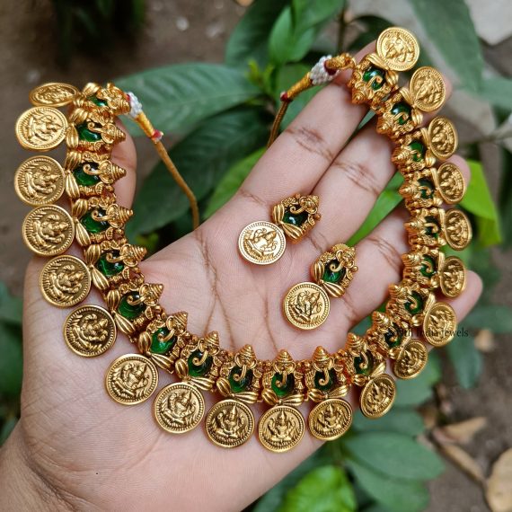 Green Lakshmi Coin Design Necklace