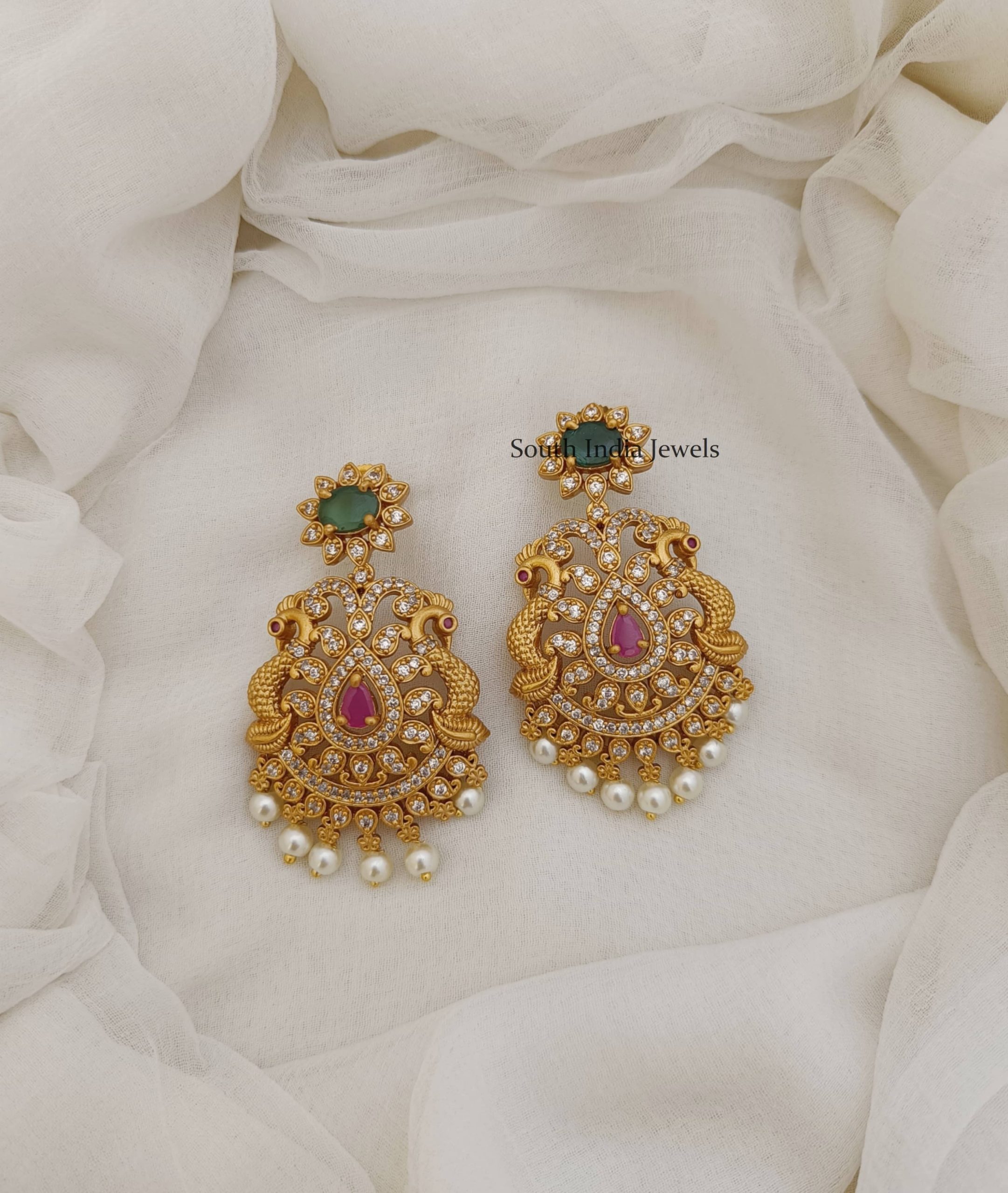 Peacock AD Stones Design Earrings- South India Jewels Online Stores.
