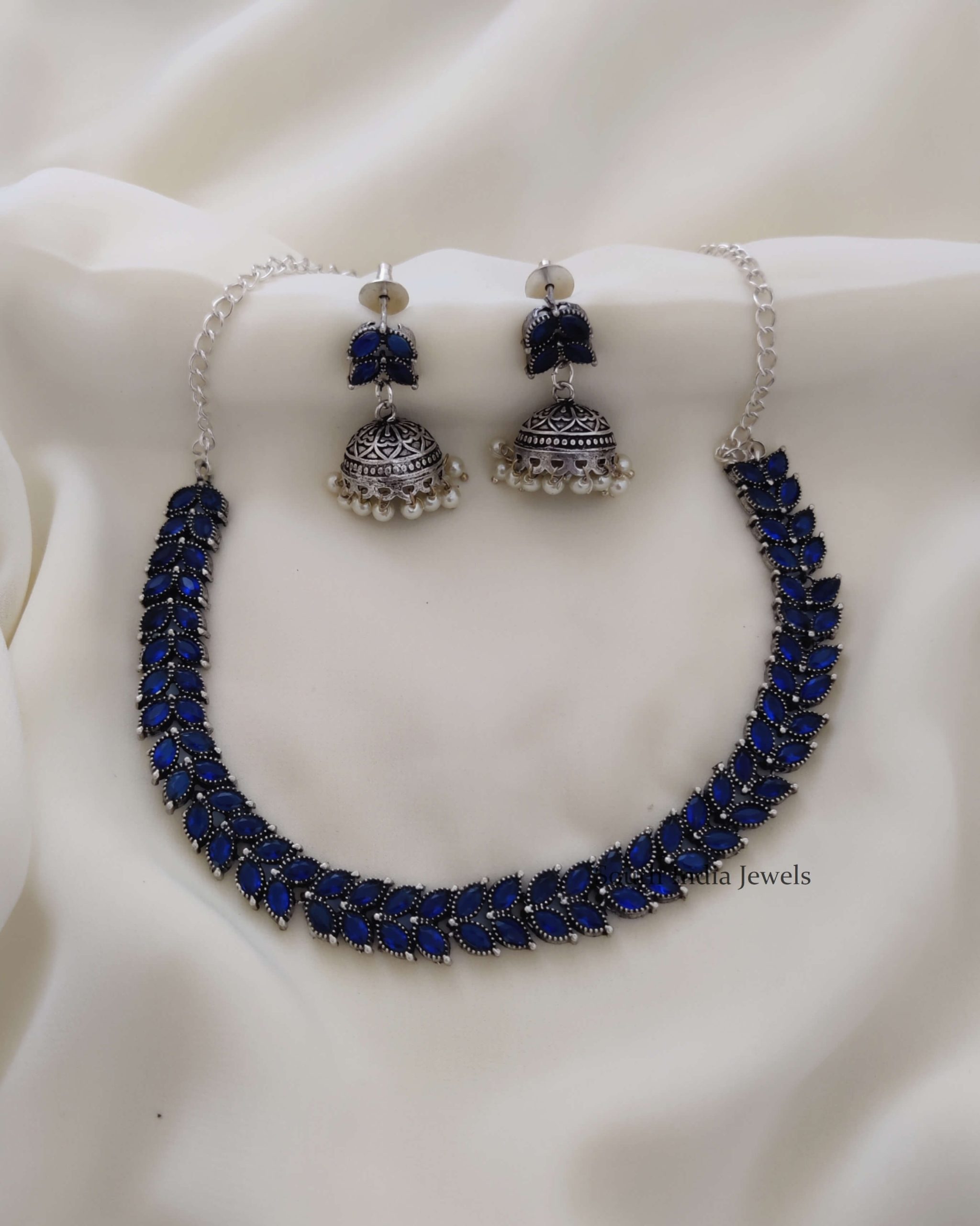 Leaf Design Blue Stone Necklace - South India Jewels