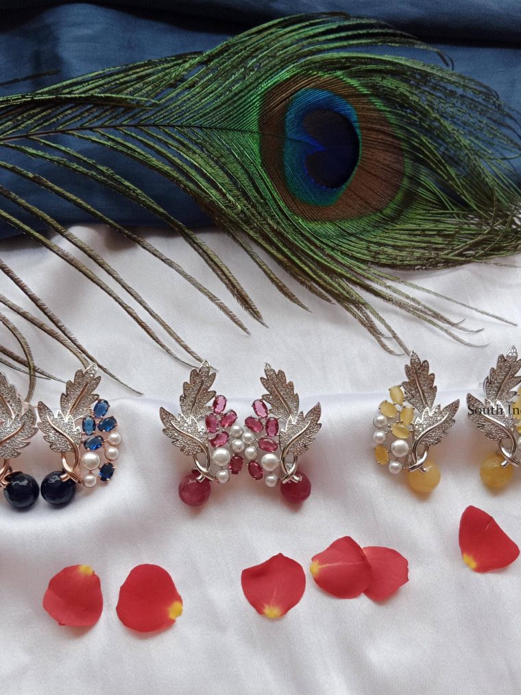 Color Stones Leaf Design Earrings